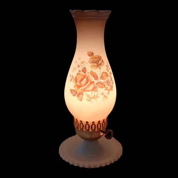 Milk Glass Hurricane Lamp Boudoir Bedside Table Light Floral Hobnail Edge Vtg. - Picture 2 of 16